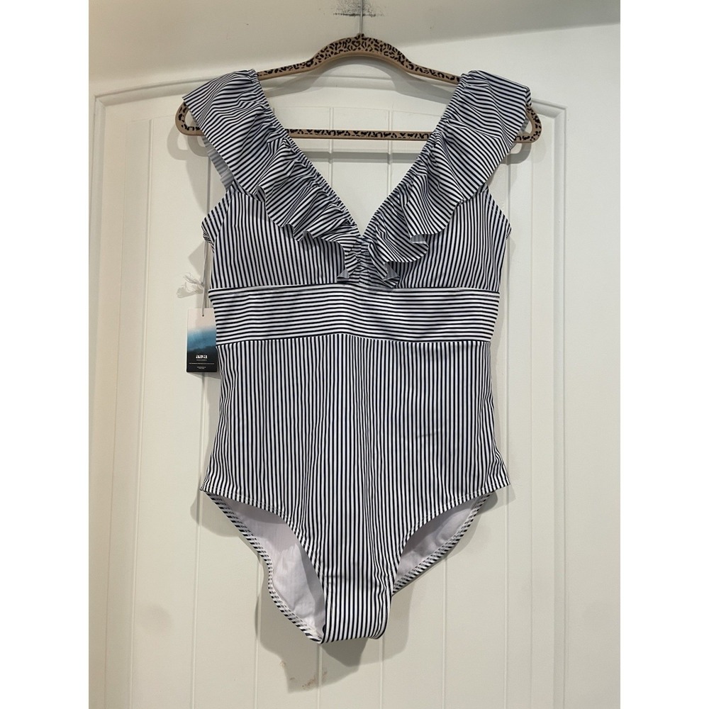 Aava Women's Oceane Retro‎ One Piece Swimsuit Size Large Blue White Ruffle